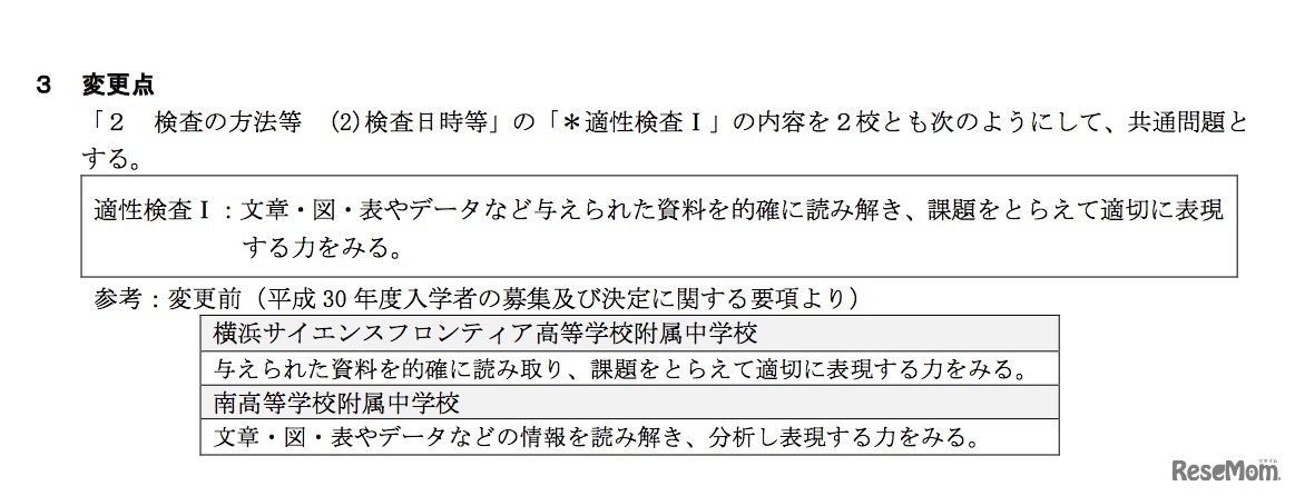 横浜市教育委員会　平成30年度「入学者の募集および決定に関する要項」適性検査Iの変更について