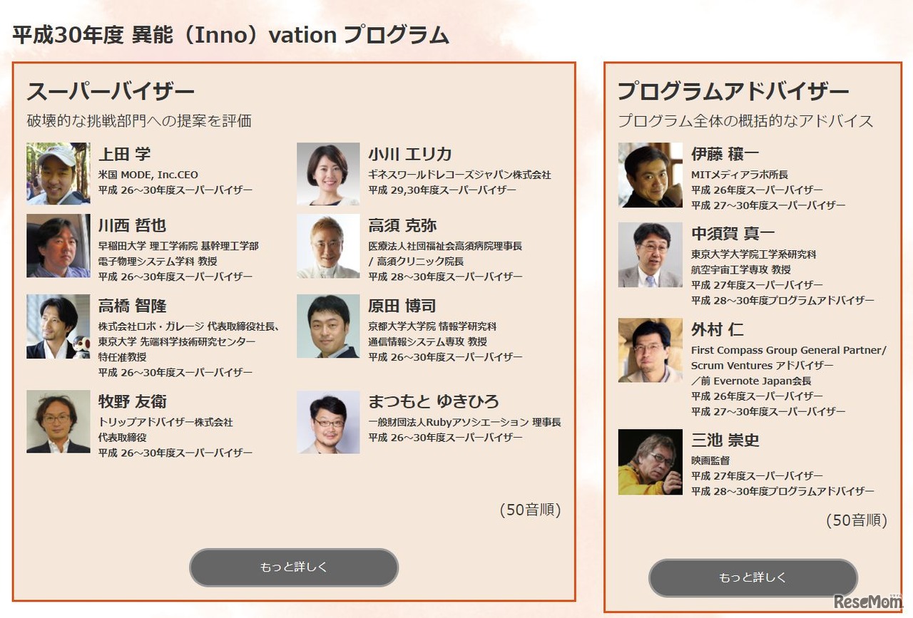 平成30年度「異能（Inno）vationプログラム」スーパーバイザーとプログラムアドバイザー