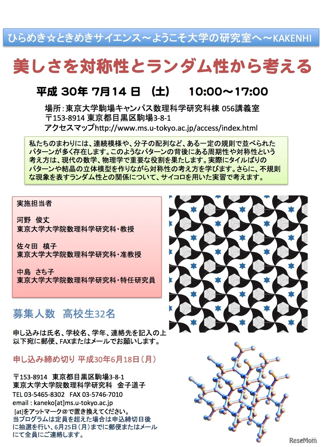 東京大学「ひらめき☆ときめきサイエンス～ようこそ大学の研究室へ～KAKENHI」美しさを対称性とランダム性から考える