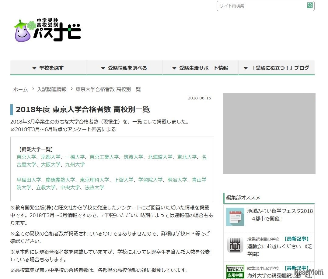 旺文社「2018年度 難関大学合格者数高校別一覧」　画像は東京大学の例