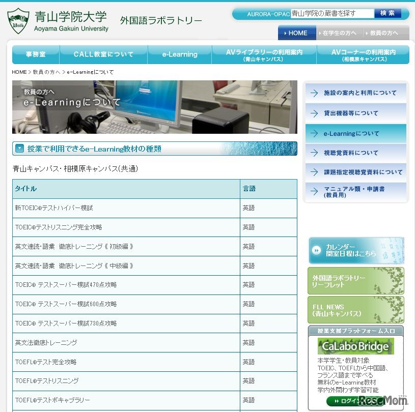 青山学院大学　授業で利用できるe-Learning教材の種類