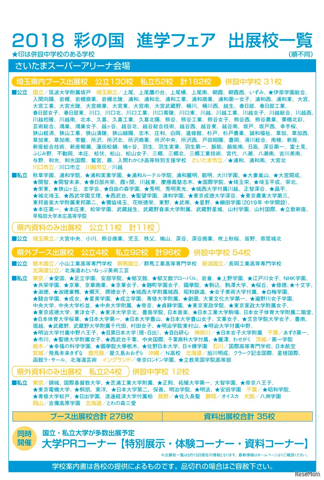 「2018 彩の国進学フェア」出展校一覧