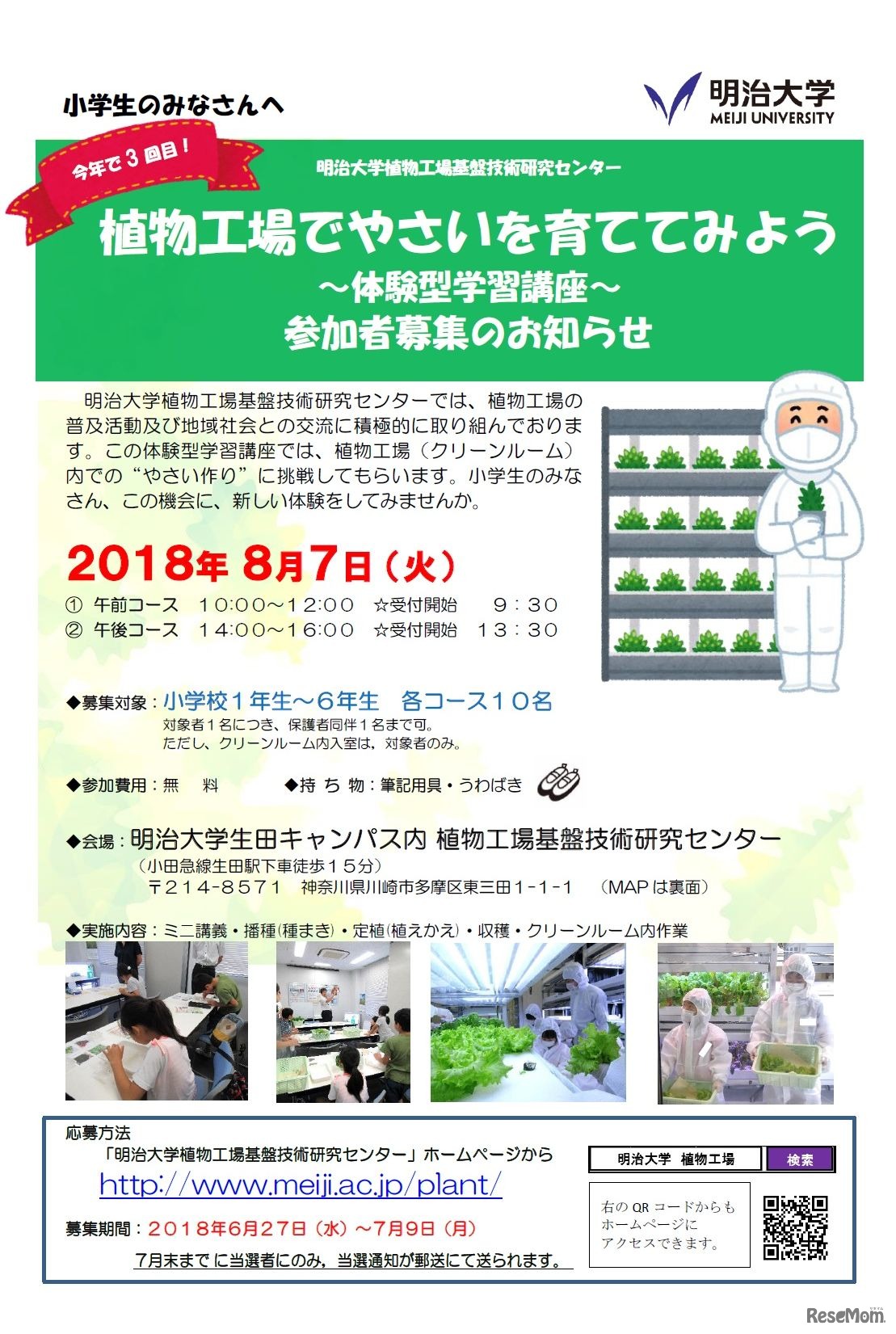 明治大学植物工場基盤技術研究センター　2018年8月7日開催「植物工場でやさいを育ててみよう～体験型学習講座～」