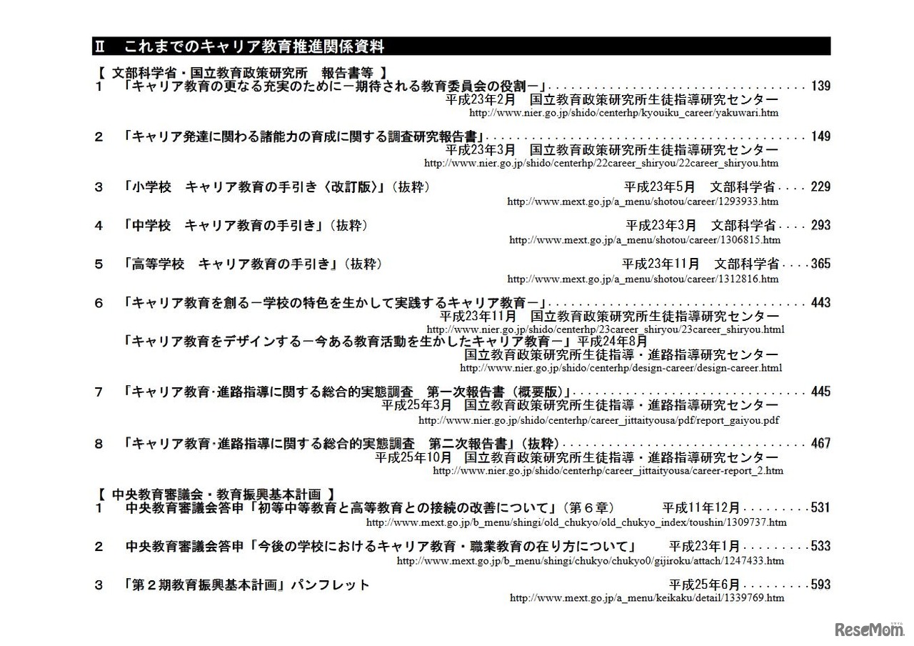 平成29年度版「キャリア教育」資料集 研究・報告書・手引編 目次（II）