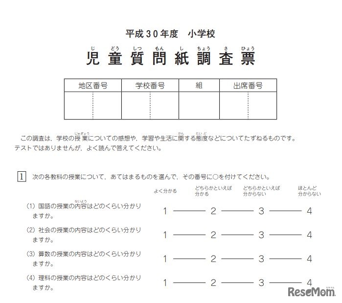 平成30年度　小学校　児童質問紙調査票（一部）
