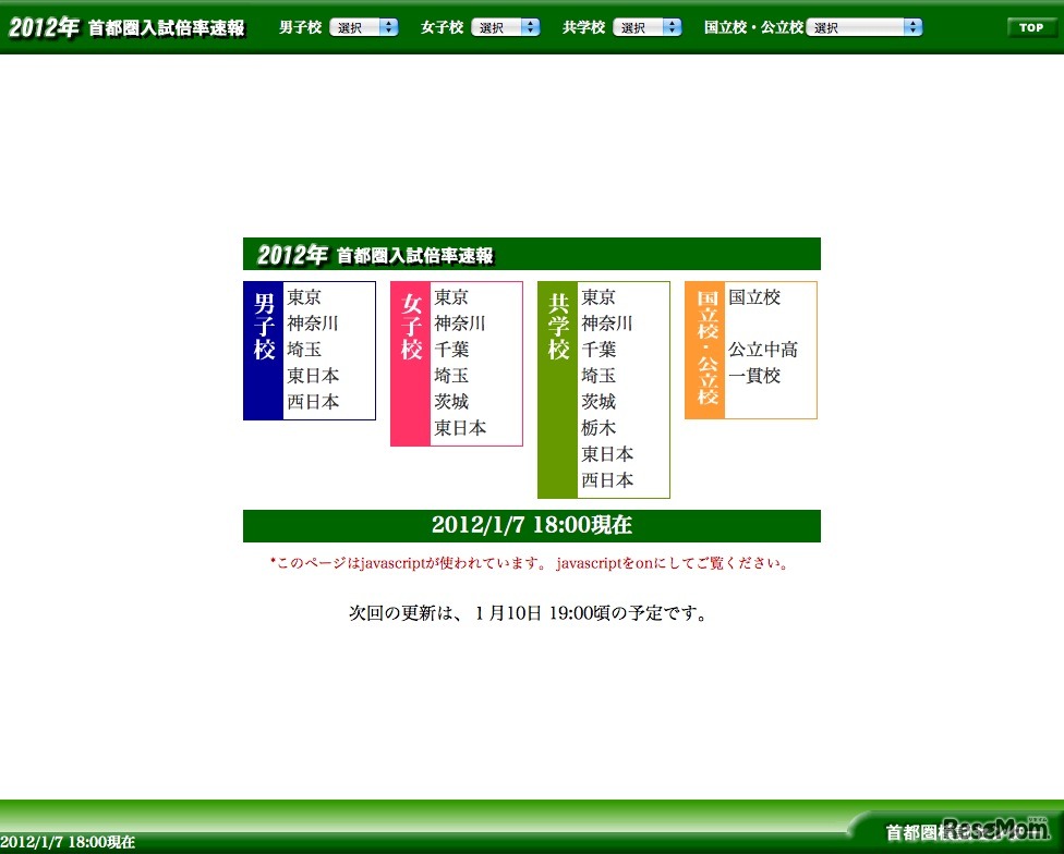 2012年首都圏入試倍率速報