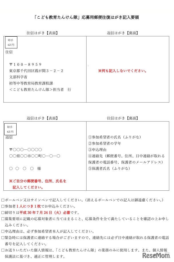 「こども教育たんけん隊」応募用郵便往復はがき記入要領