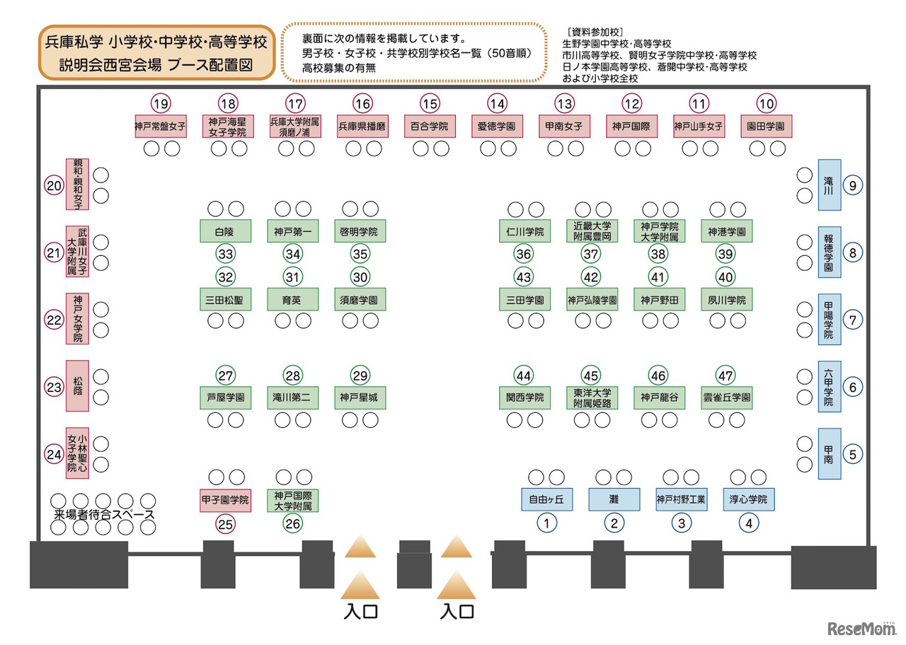 「第13回兵庫私学 小学校・中学校・高等学校説明会」西宮会場ブース配置図