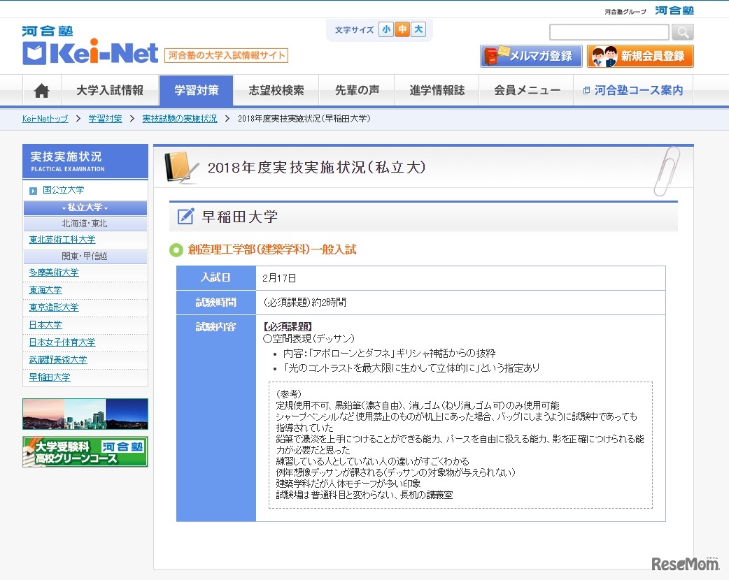 早稲田大学創造理工学部（建築学科）一般入試の実技実施状況