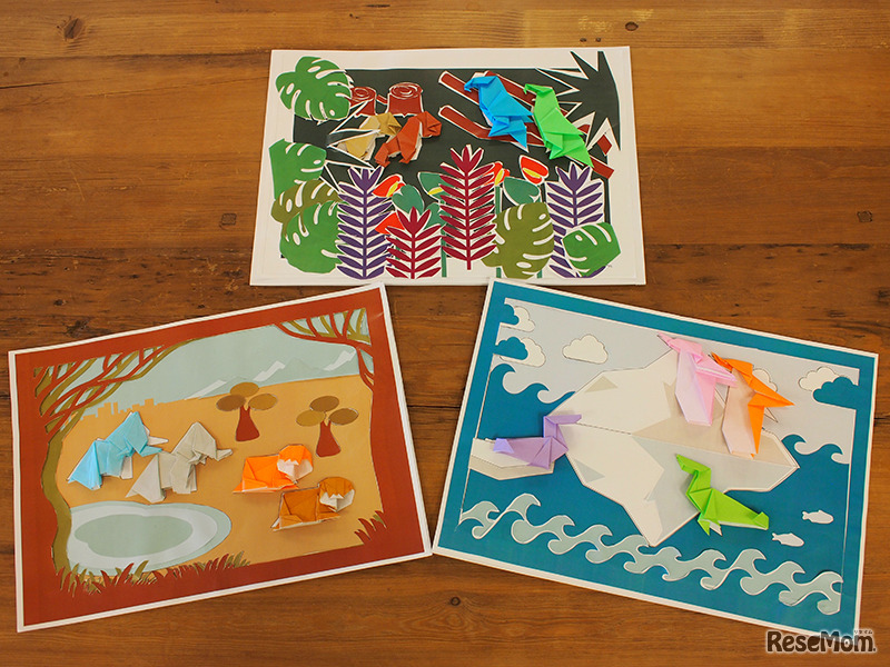 上が「熱帯林に住む動物」、下段左が「サバンナに住む動物」、右が「つめたい海に住む動物」