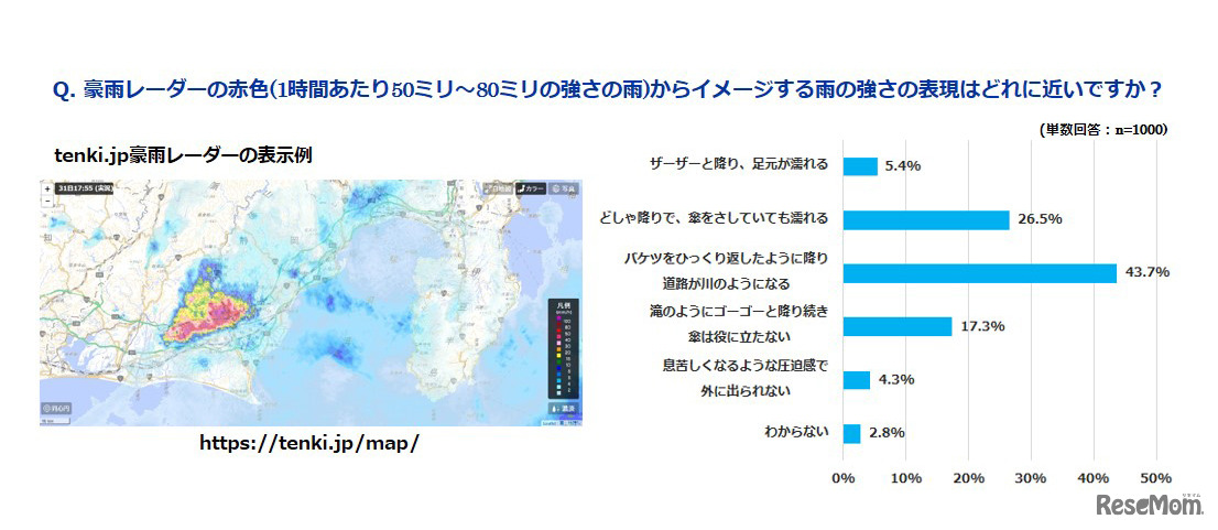 Q. 豪雨レーダーの赤色（1時間あたり50ミリ～80ミリの強さの雨）からイメージする雨の強さの表現はどれに近いですか？