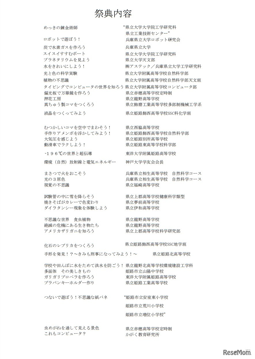 2018年「青少年のための科学の祭典」姫路会場大会　祭典内容