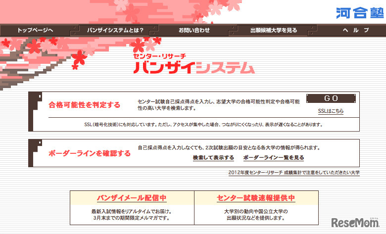 バンザイシステムのトップ画面