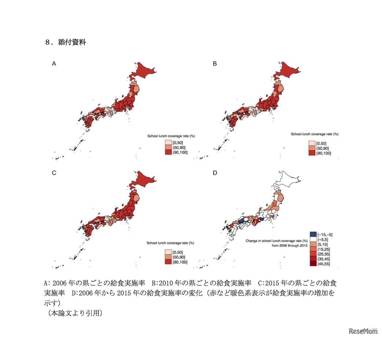 （A～C）2006年から2015年まで5年ごとの都道府県給食実施率の推移　（D）2006年から2015年の給食実施率の変化