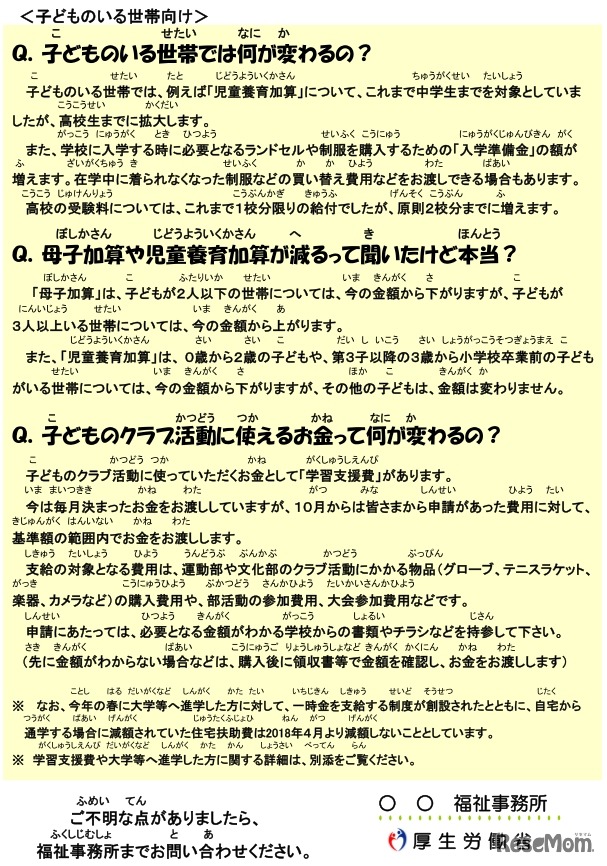 生活保護世帯に配布予定の制度見直しに関するリーフレット（例）