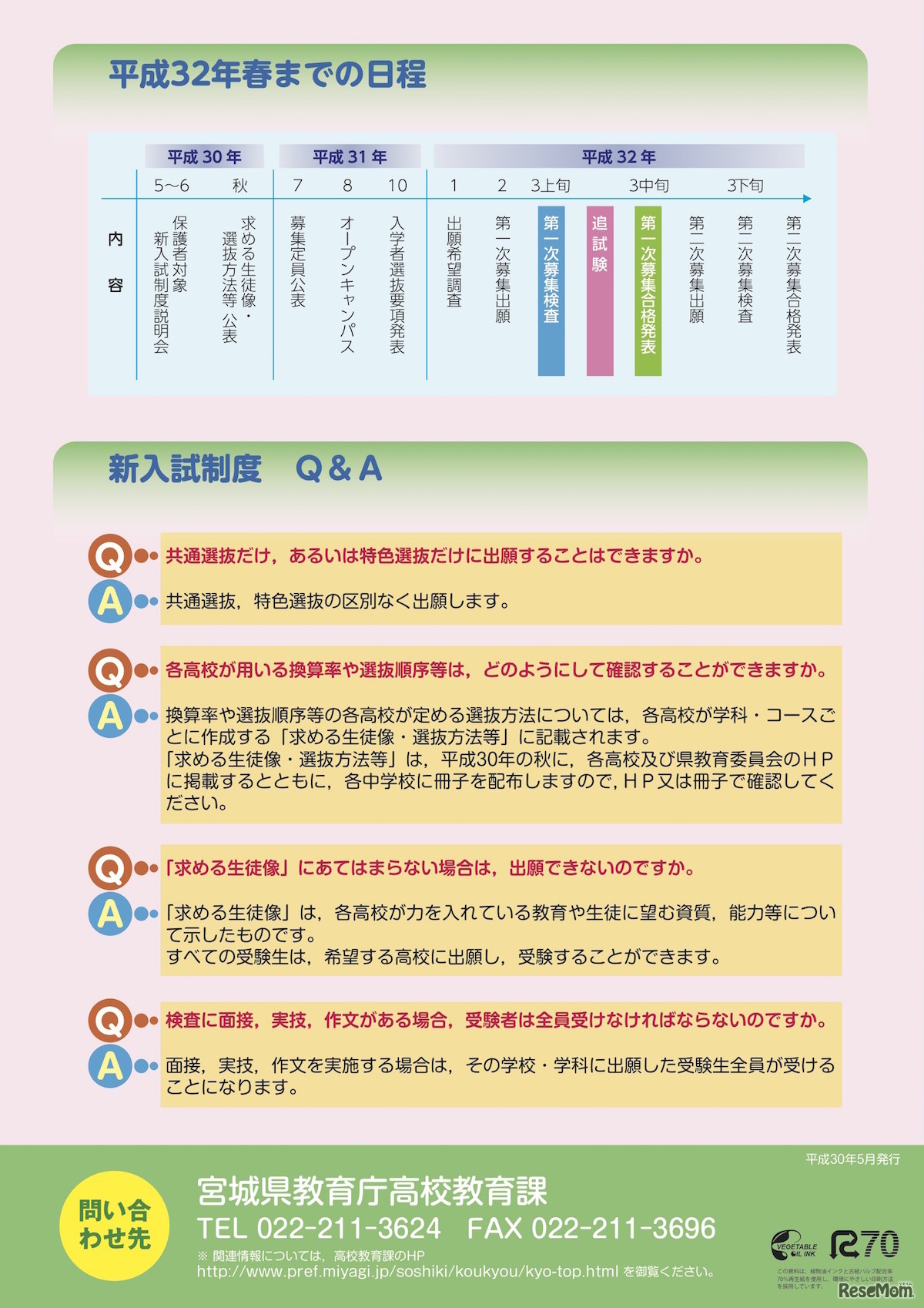 新入試制度周知用リーフレット「平成32年春までの日程、新入試制度Q＆A」