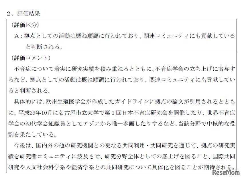 名古屋市立大学不育症研究センターの評価結果