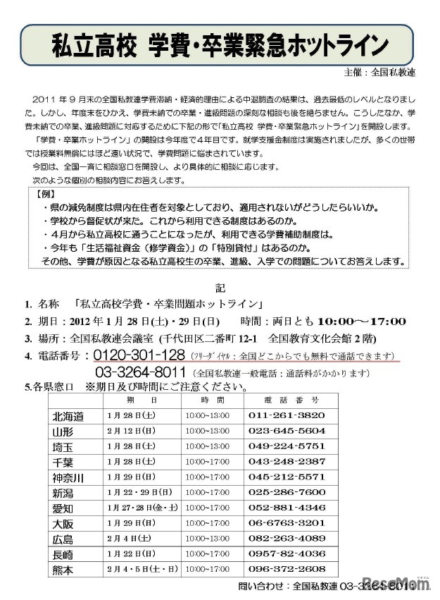2012学費・卒業緊急ホットライン開設