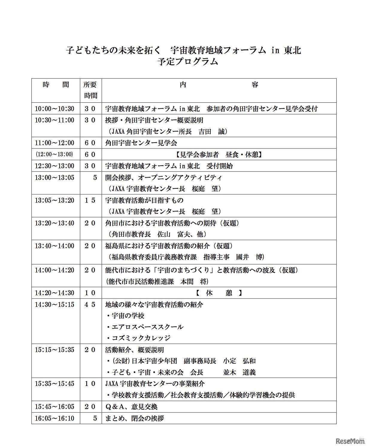 宇宙教育地域フォーラム in 東北　予定プログラム