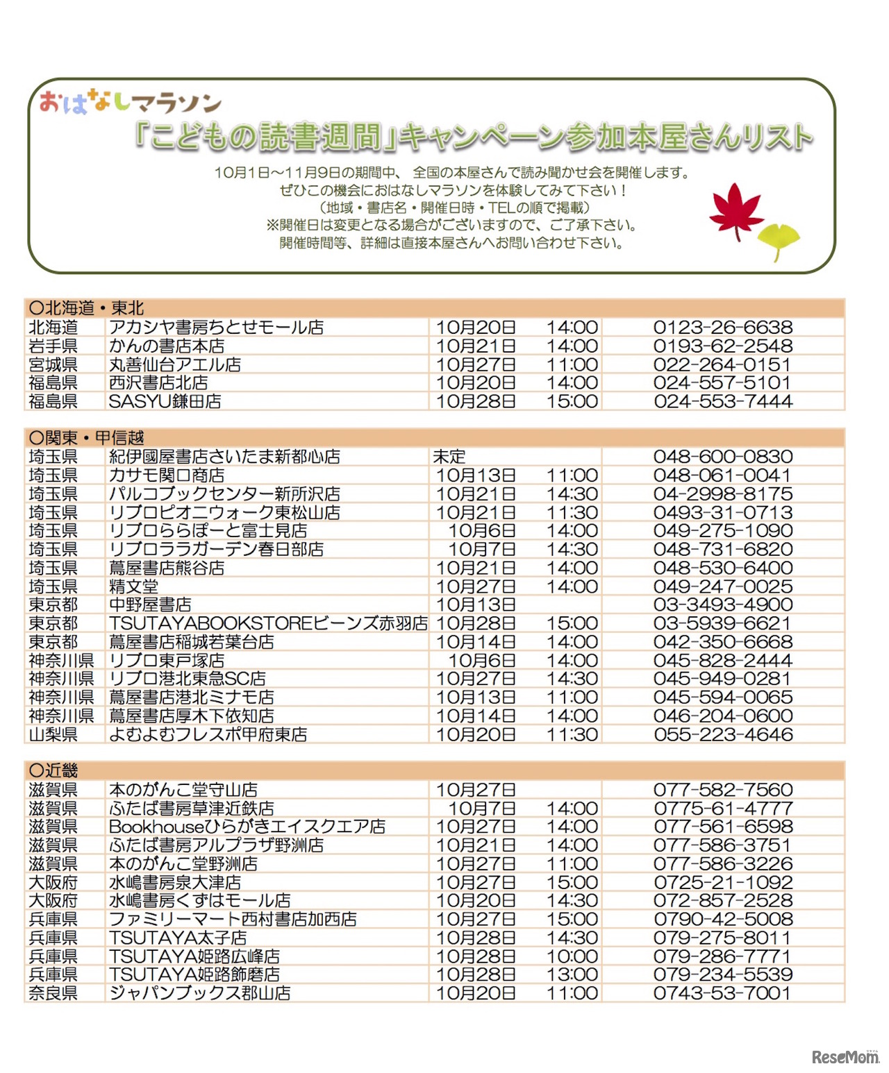 「おはなしマラソン」読み聞かせキャンペーン参加書店（全80書店のうち一部掲載）