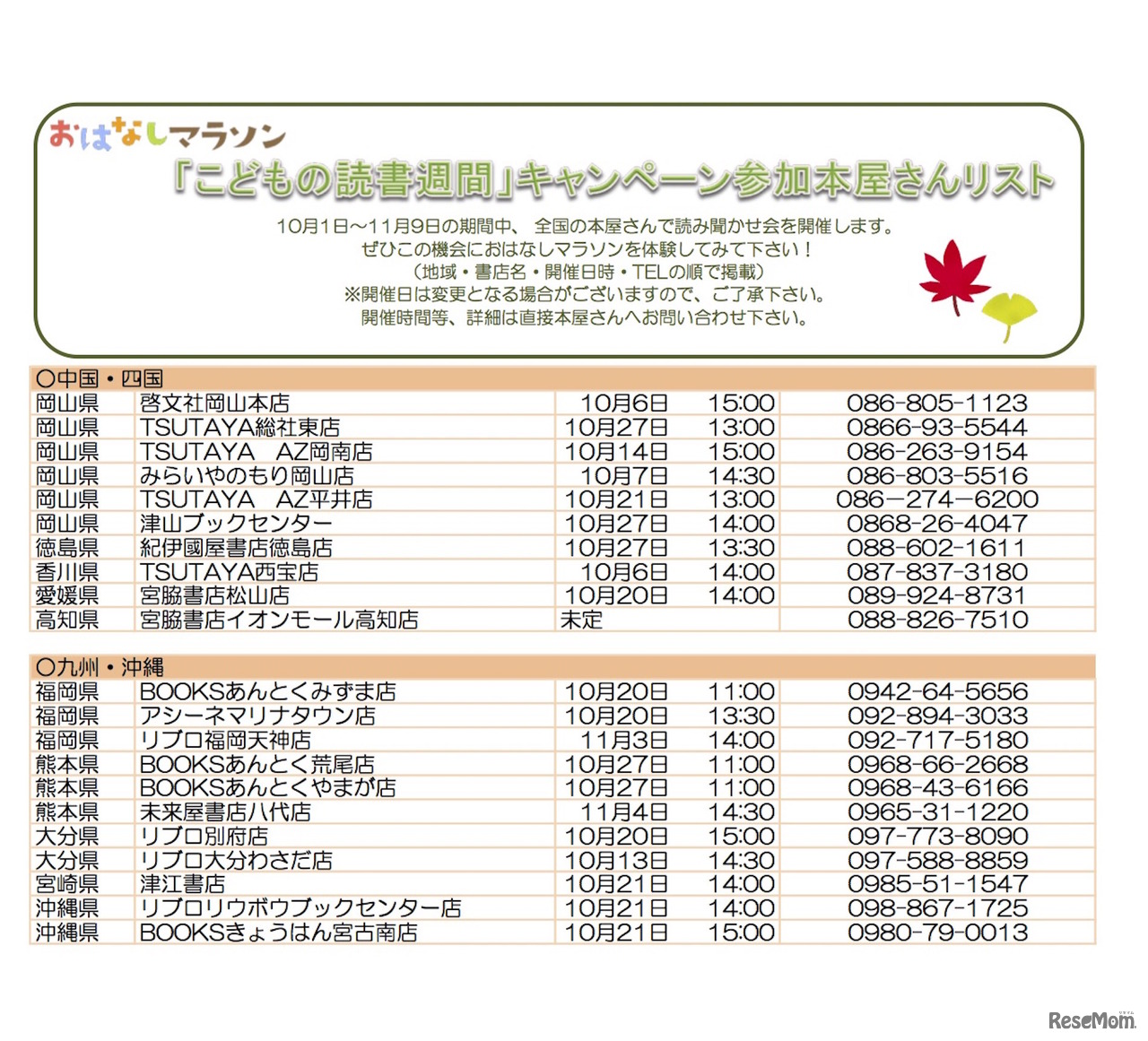 「おはなしマラソン」読み聞かせキャンペーン参加書店（全80書店のうち一部掲載）