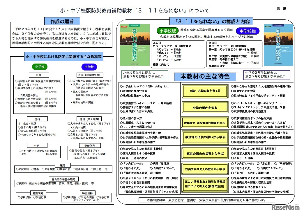 小・中学校版防災教育補助教材「3.11を忘れない」について
