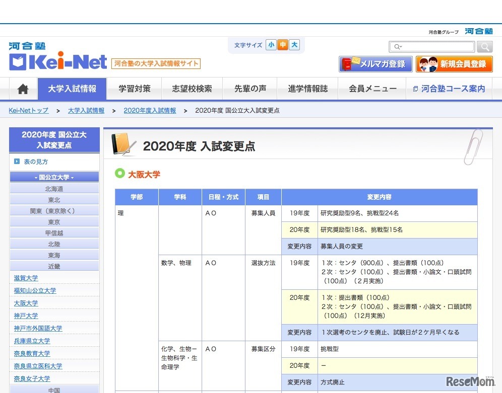 2020年度国公立大入試変更点（大阪大学・一部）