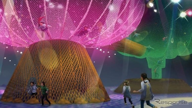 大きな2つの木をモチーフにネットを張り巡らせた「巨大ネットの森SUMIKA」の外観イメージ