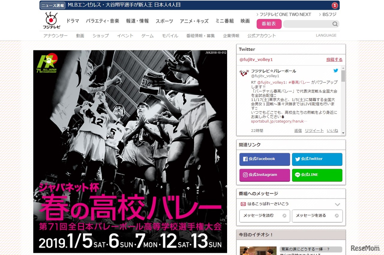 フジテレビ：ジャパネット杯 春の高校バレー 第71回全日本バレーボール高等学校選手権大会