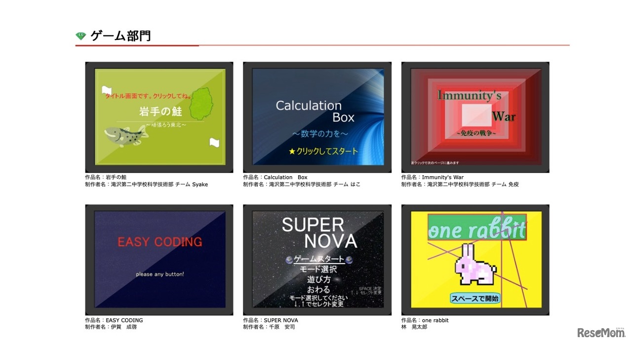 最終審査会 進出作品「ゲーム部門」7作品中6作品