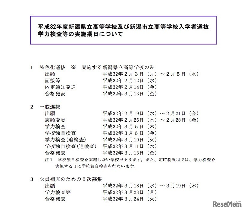 平成32年度（2020年度）新潟県立高等学校および新潟市立高等学校入学者選抜の日程