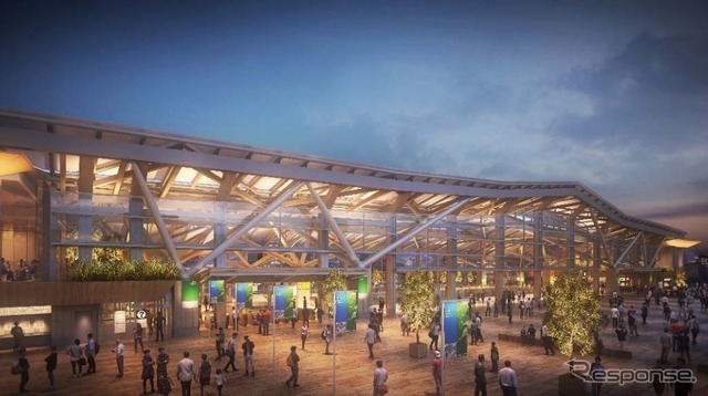 暖かな光の駅舎として街のランドマークとなる高輪ゲートウェイ駅の外観イメージ。