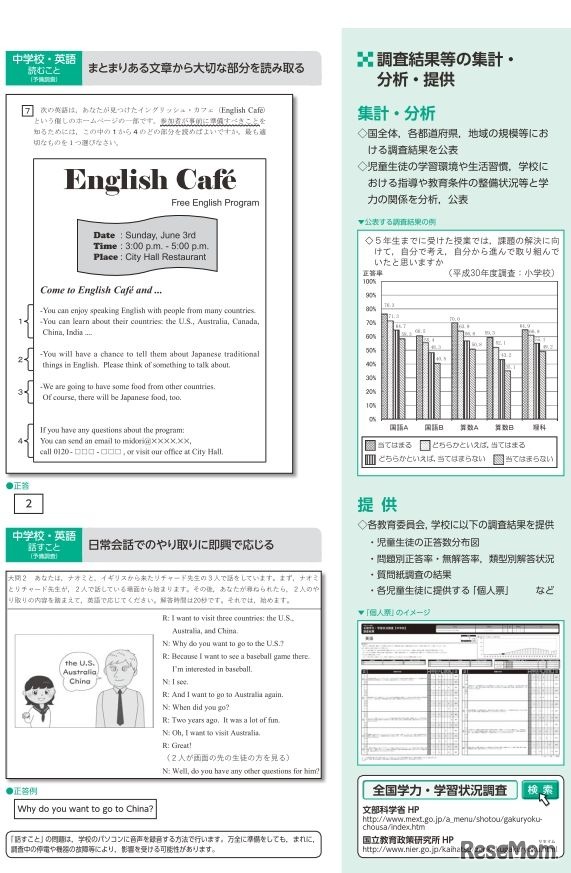 中学校・英語（サンプル問題）と調査結果等の集計・分析・提供