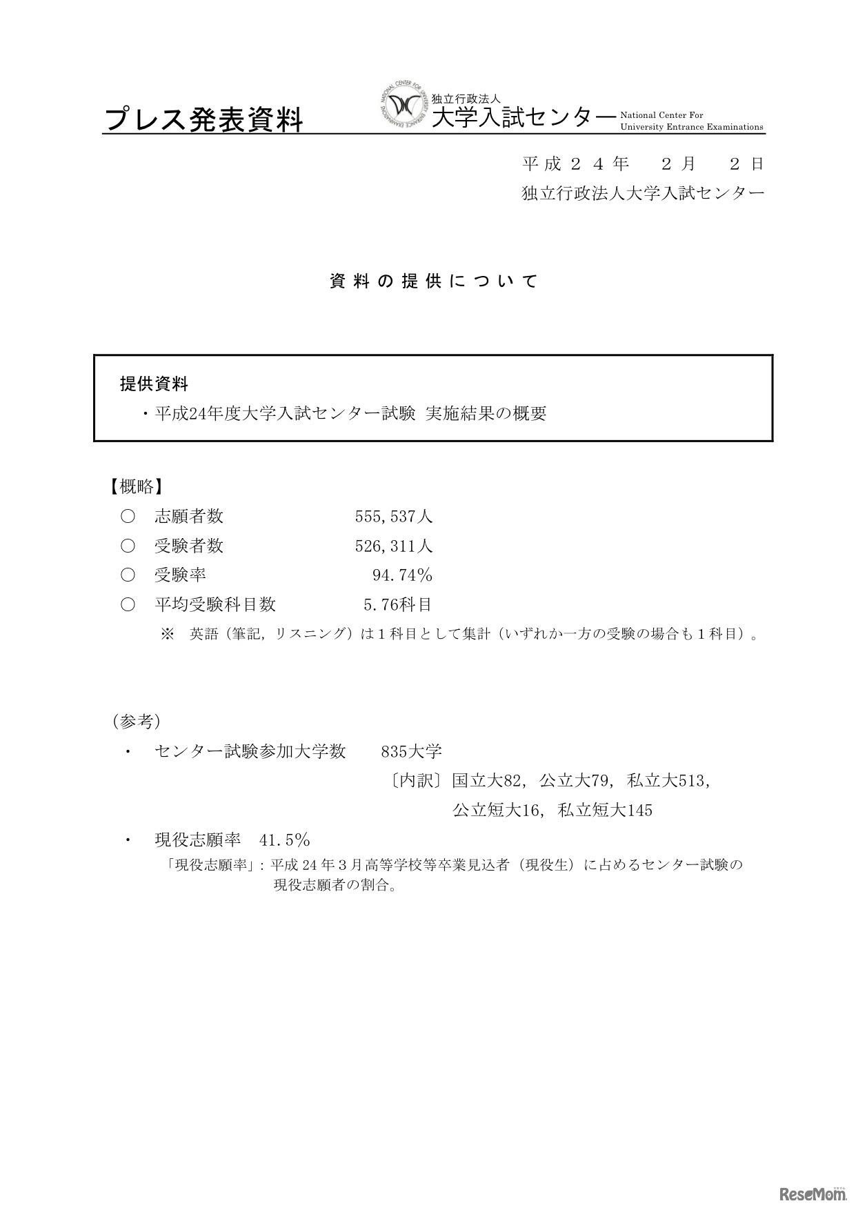 平成24年度大学入試センター試験 実施結果の概要