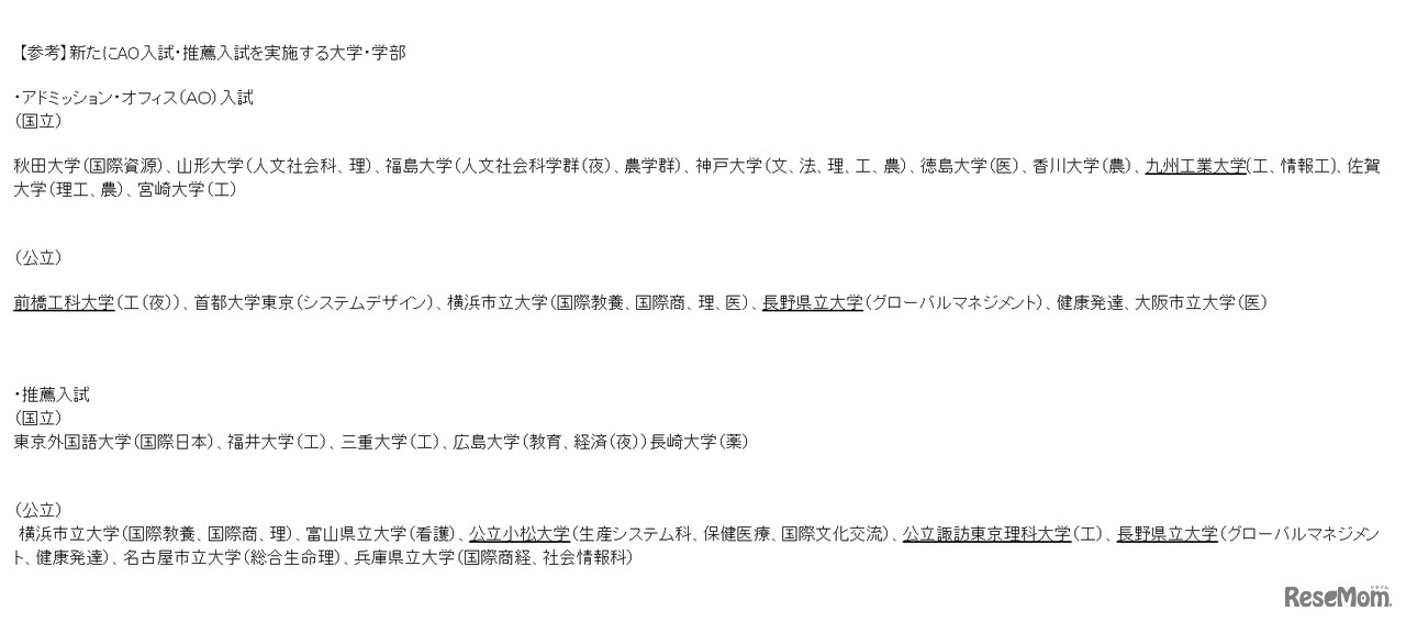 新たにAO入試・推薦入試を実施する大学・学部