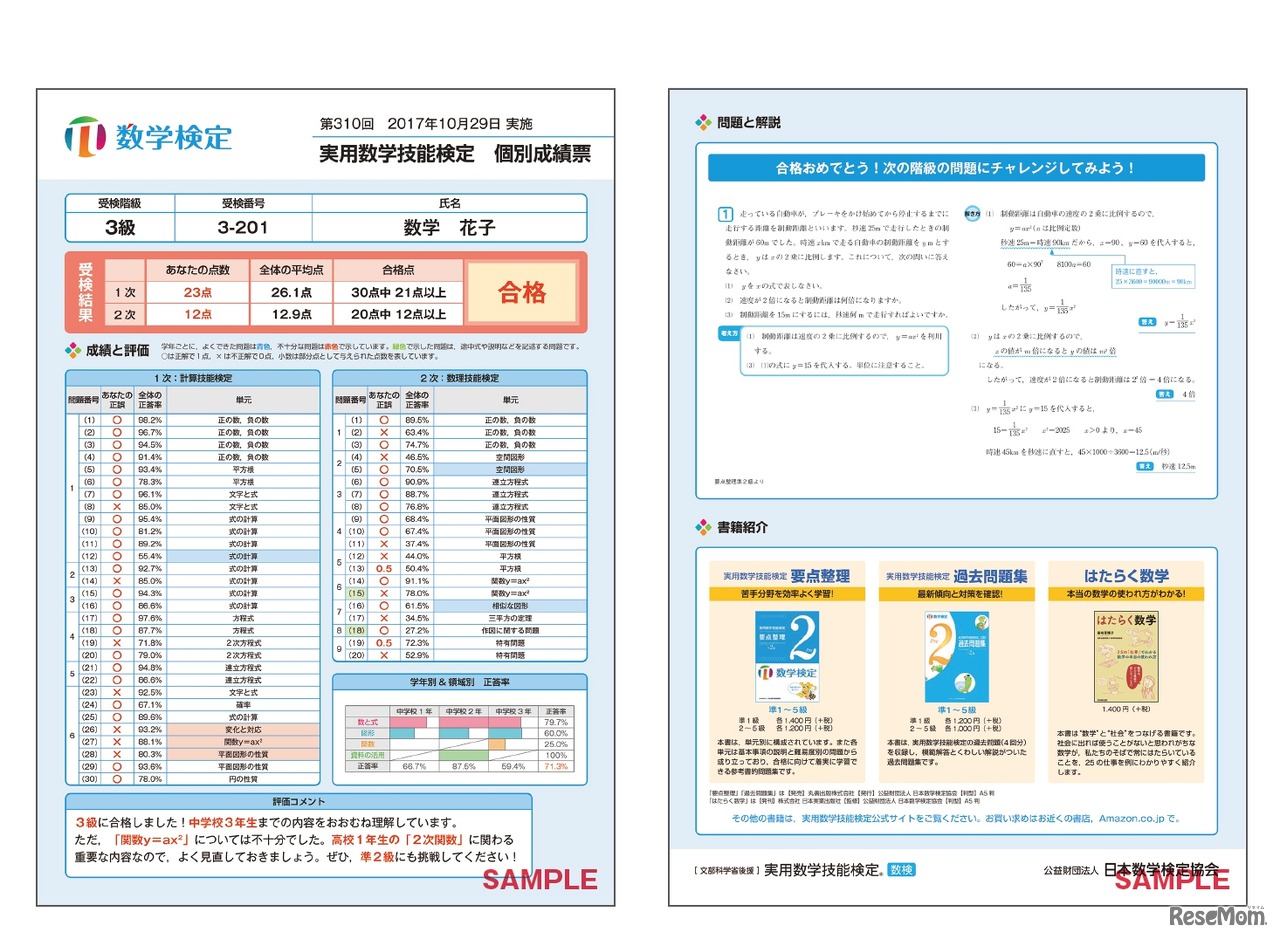 「数学検定3級」個別成績表サンプル 表面・裏面