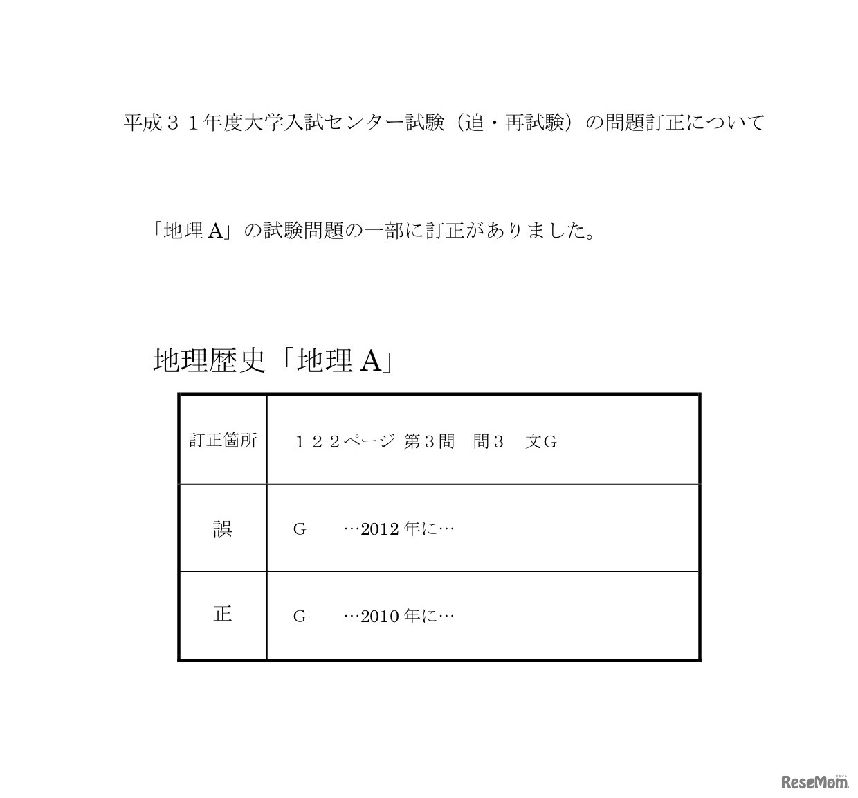 平成31年度大学入試センター試験（追・再試験）地理歴史「地理A」第3問・問3の問題訂正