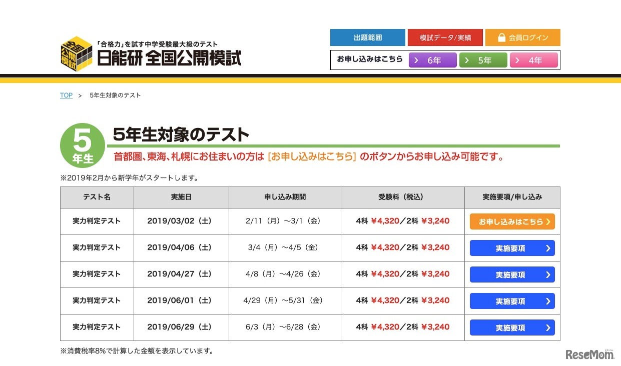 日能研 全国公開模試　5年生対象のテスト