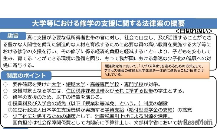 大学等における修学の支援に関する法律案　趣旨と制度のポイント