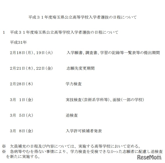 2019年度埼玉県公立高等学校入学者選抜の日程