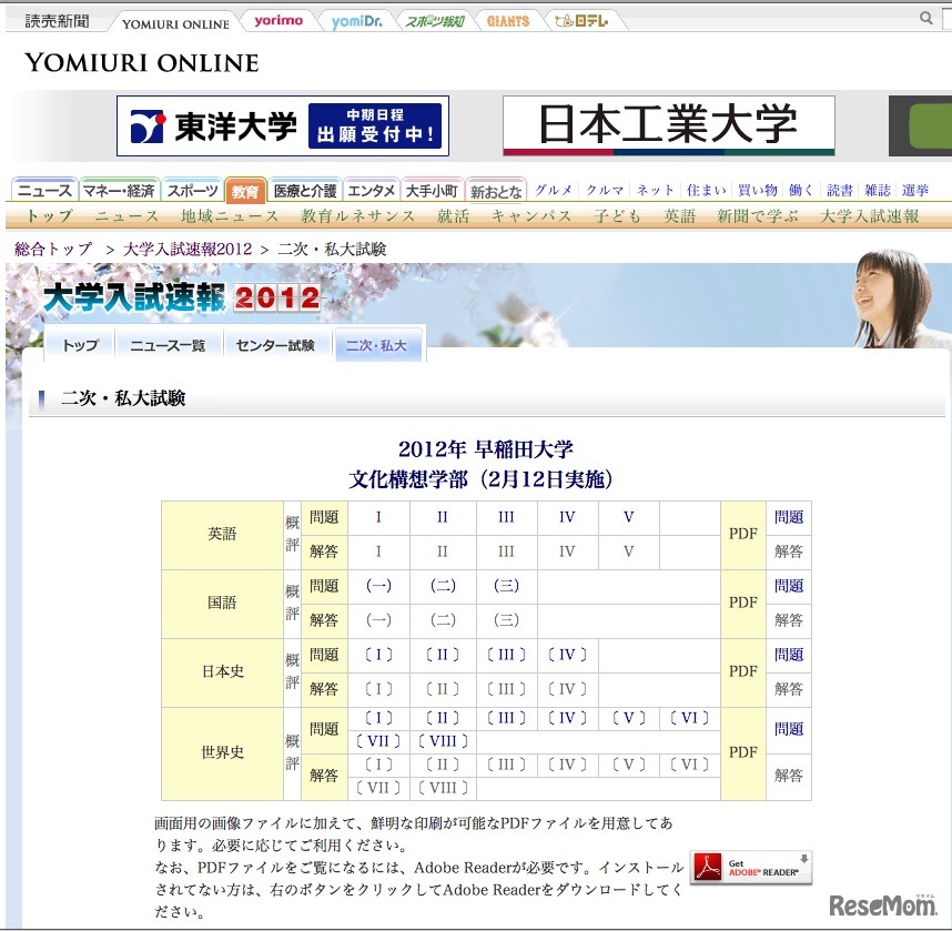 2012年 早稲田大学　文化構想学部（2月12日実施）