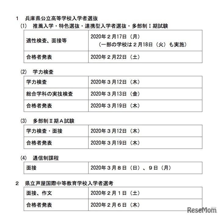 2020年度兵庫県公立高等学校入学者選抜の日程および県立芦屋国際中等教育学校入学者選考の日程について