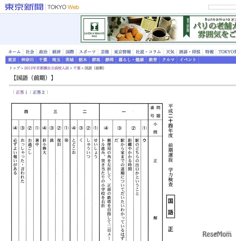 東京新聞　2012年首都圏公立高校入試 千葉