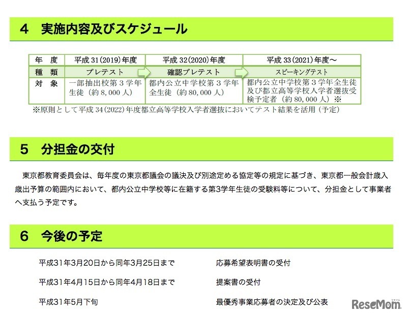 「民間資格・検定試験を活用した東京都中学校英語スピーキングテスト（仮称）事業」実施内容・スケジュール、今後の予定など