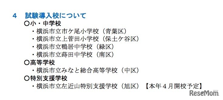 試験導入される横浜市立学校6校について
