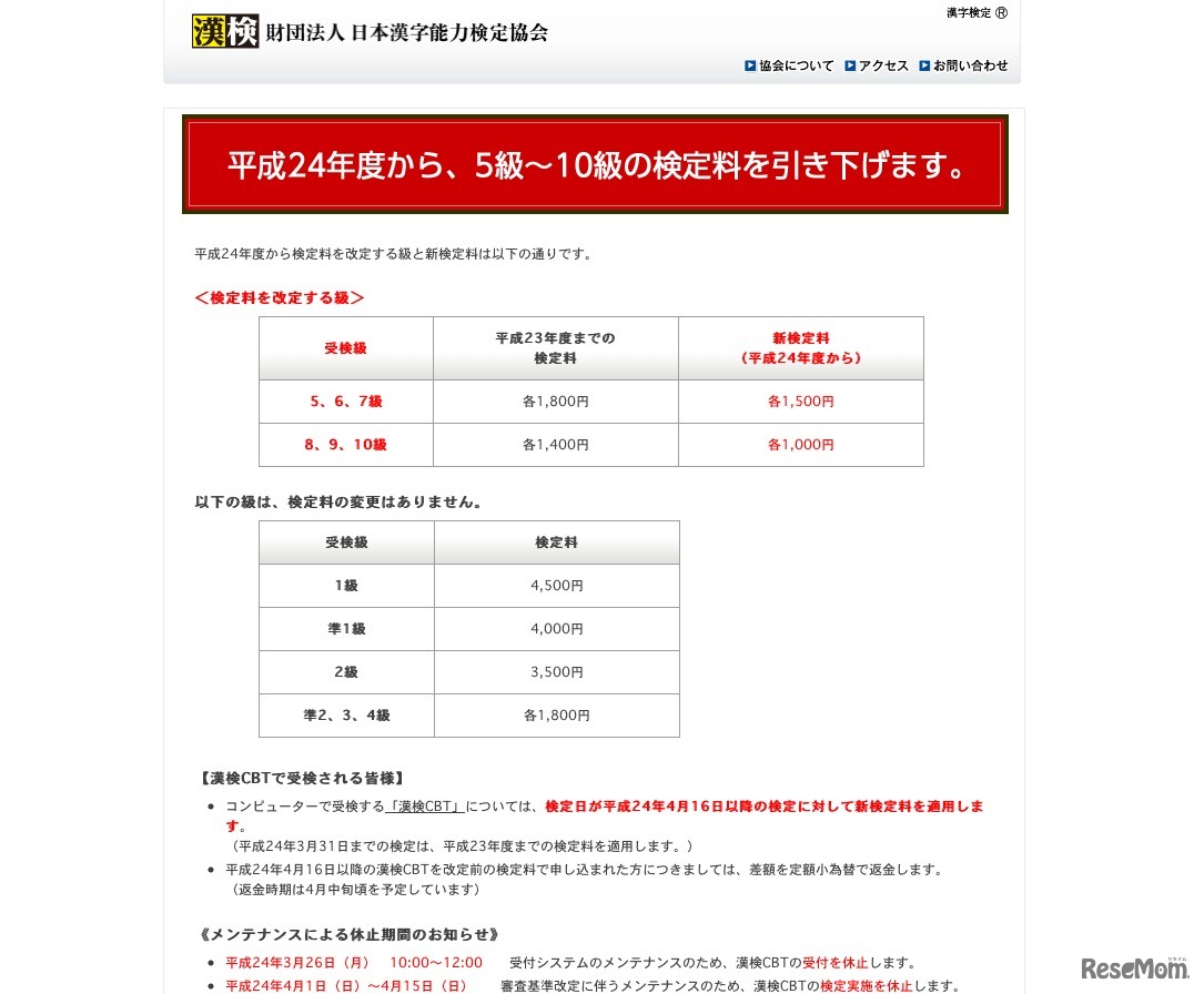 検定料を改定する級