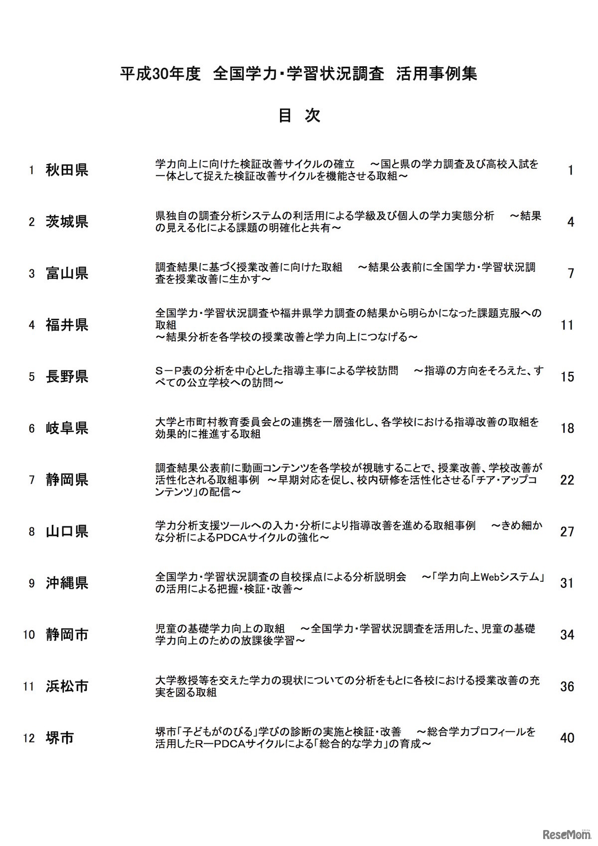 平成30年度全国学力・学習状況調査活用事例集（目次）