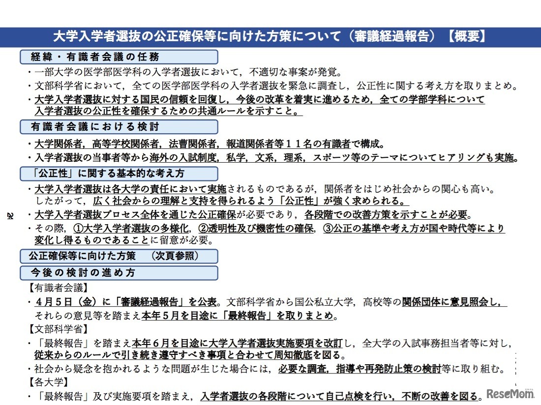 「大学入学者選抜の公正確保等に向けた方策について（審議経過報告）」の概要
