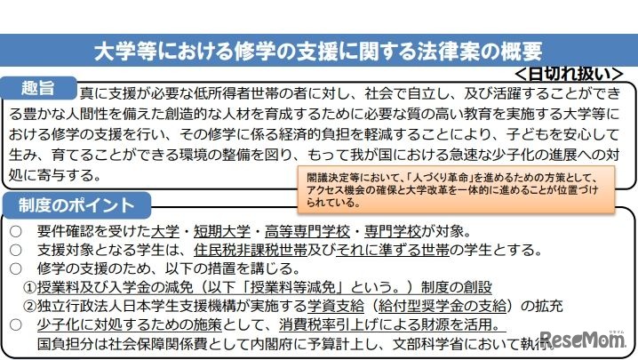 大学等における修学の支援に関する法律案　趣旨と制度のポイント
