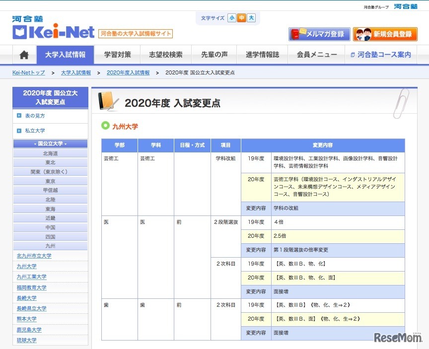 2020年度入試変更点一覧（九州大学）